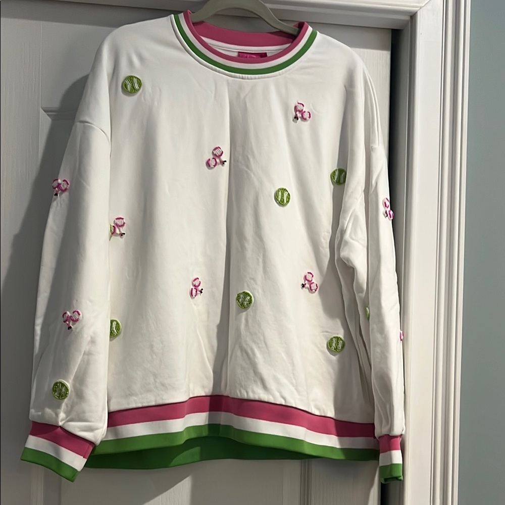 White Sweatshirt with Pink and Green Accents